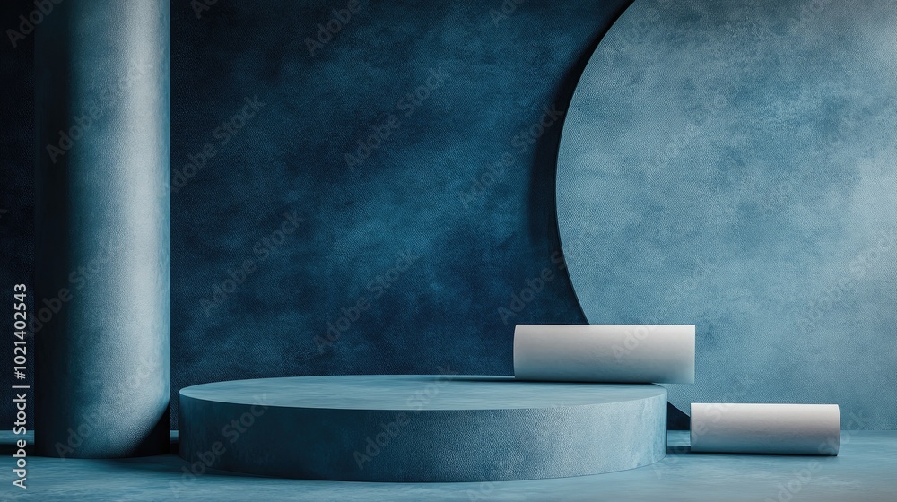 Poster 3D render featuring an abstract modern blue background with an empty cylindrical podium a vacant pedestal for product display and round stage elements alongside rolled paper