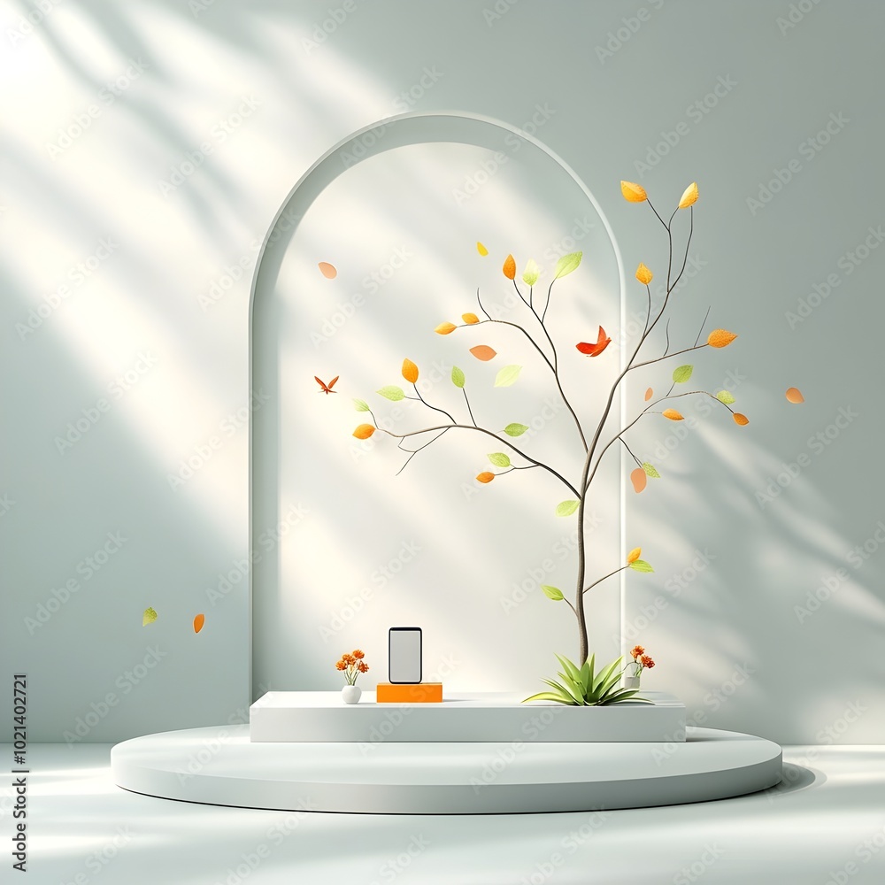 Poster Minimalist 3D studio setting with a clean gray backdrop simple floor and wall central product display podium soft shadows from window light and a digital product mockup