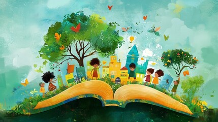 Kids exploring nature and imagination in a colorful landscape of an open book surrounded by trees and butterflies