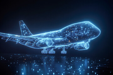 A blue airplane with a glowing design is flying through the sky