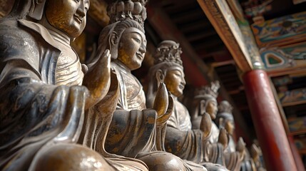 Fototapeta premium Ancient Chinese Wooden Statues In A Temple