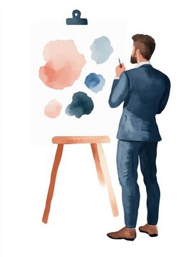 recommend clip art: A businessman thoughtfully examines a watercolor color palette on a canvas, symbolizing creativity, strategy, decision-making, artistic vision, and professional growth.