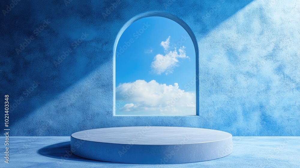 Poster 3d render of an abstract blue background featuring a window with a blue sky view against a blue wall