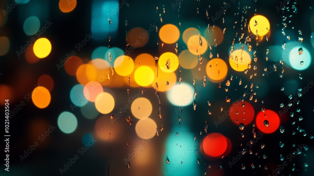 Canvas Prints A captivating view of city lights through a rain-streaked window, symbolizing urban life, weather, reflection, hope, and tranquility.