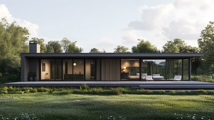 Fototapeta premium Modern House with Large Windows and a Green Lawn