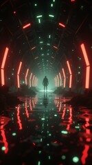 Futuristic tunnel with neon lights and reflective floor, silhouette of a person in the distance.