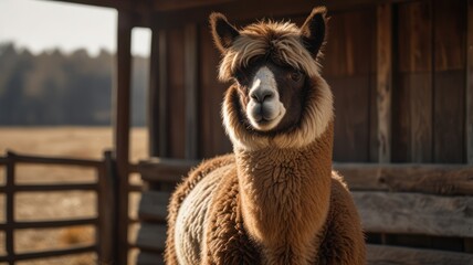 Obraz premium A brown alpaca with white markings stands in front of a wooden fence and building, looking directly at the camera.