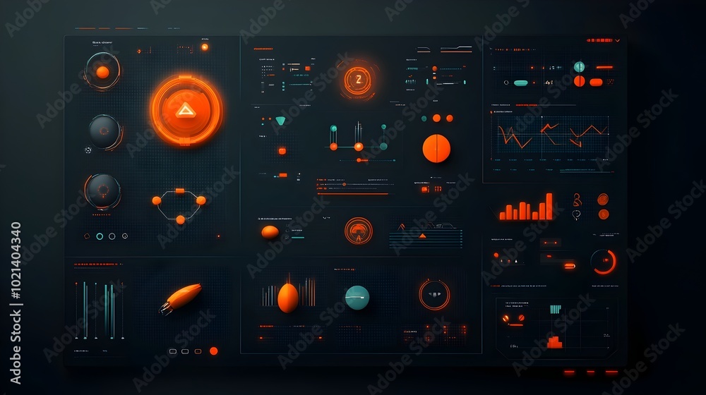 Poster stylized futuristic digital data display with sleek modular geometric ui elements and minimalist tec