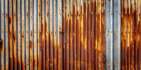 A close-up view of a weathered corrugated metal surface with patches of rust and oxidation, creating a textured and industrial backdrop