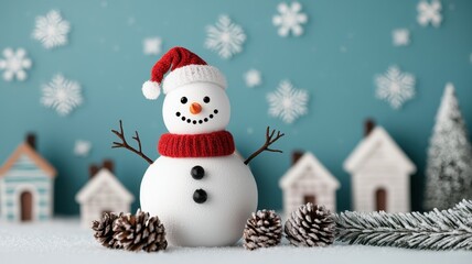 Obraz premium Festive snowman wearing a red hat, with pine cones and small houses on a snowy background.