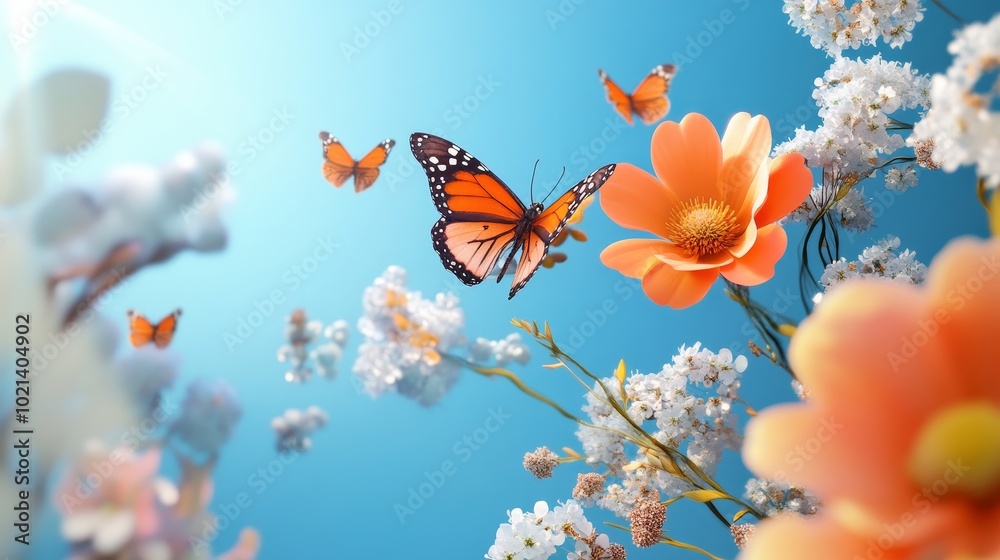 Sticker A colorful 3D scene depicting the beauty of springtime, showcasing vibrant flowers, delicate butterflies, and a clear blue sky, symbolizing growth, renewal, freedom, and joy.