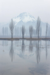 A snow-capped mountain reflected in a misty lake, with bare trees lining the shore.