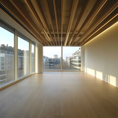 Modern Empty Room with Wooden Ceiling and City View