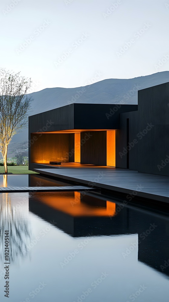 Wall mural Modern Minimalist Black House With Reflection In Water