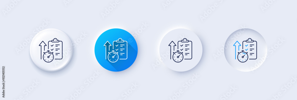 Poster timer line icon. neumorphic, blue gradient, 3d pin buttons. stopwatch time results sign. report chec
