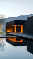 Modern Minimalist Black House With Reflection In Water