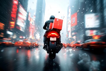 A high speed motorcycle courier weaving through the congested streets of a bustling city their packages secured on the back with a determined expression as they navigate the neon lit skyscrapers