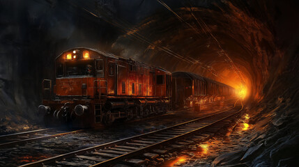Obraz premium A train emerges from a dark tunnel with a fiery glow at the end.