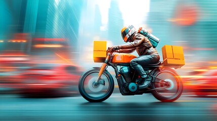Obraz premium Motorcycle Courier Delivering Packages Swiftly Through Bustling Urban Traffic with Cinematic Lighting and Aesthetic