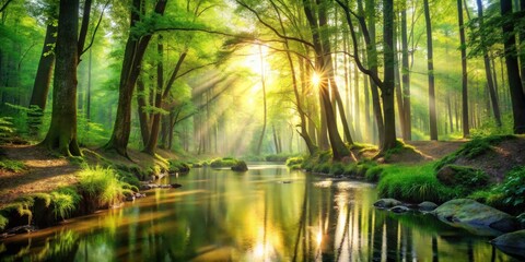 Obraz premium Golden Rays Illuminating a Serene Forest Stream, Where Sunlight Filters Through the Dense Canopy, Casting Magical Reflections on the Water's Surface