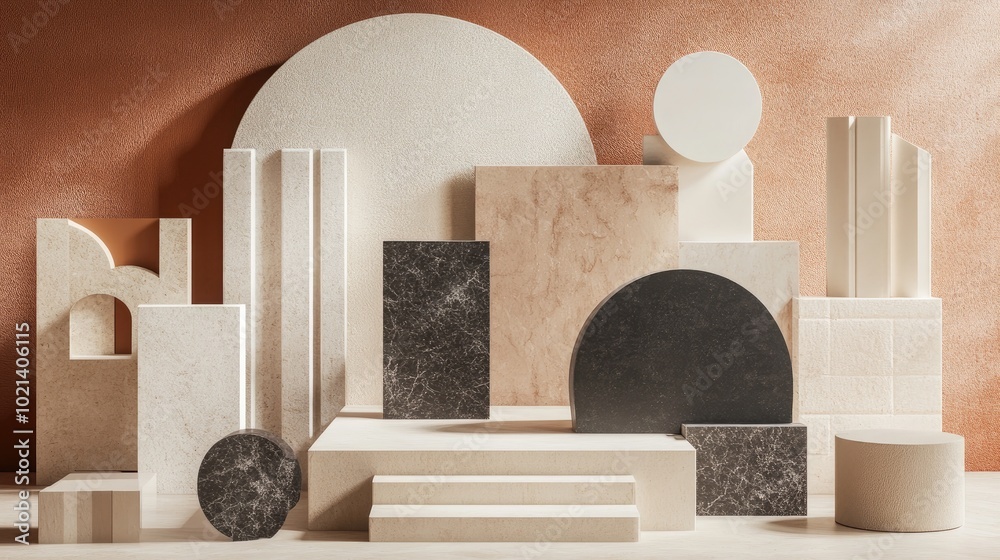 Poster 3D render of an abstract background featuring various primitive geometric shapes Empty display scene with a podium for showcasing products