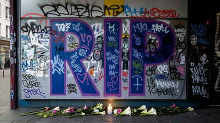 Obraz premium Graffiti-covered wall with RIP in large blue letters, flowers at base.