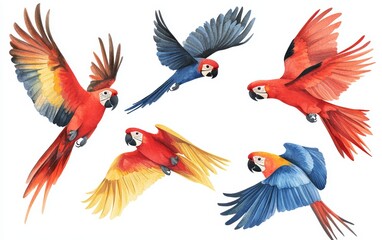 Tropical watercolor birds in flight and perched, ideal for nature illustrations, wildlife decor, or rainforest-themed designs