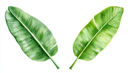 Vibrant green banana leaves painted in watercolor, perfect for jungle-themed art, tropical branding, or botanical decor