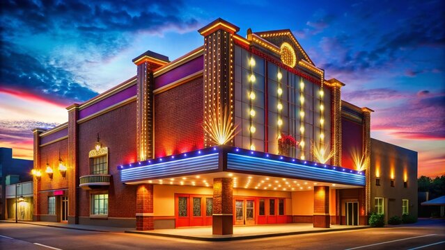 Exterior view of a movie theater building in Hickory, North Carolina, with bright marquee lights