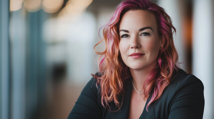 Obraz premium Portrait of a woman with pink hair, wearing a black blazer.