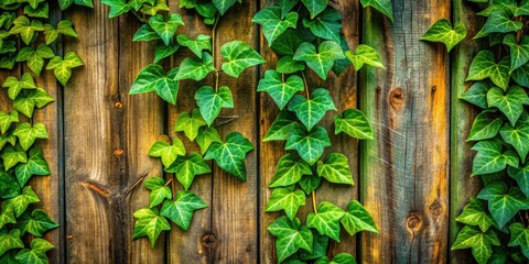 Vibrant green ivy growing on a rustic weathered wooden fence with natural sunlight highlighting the texture of the wood