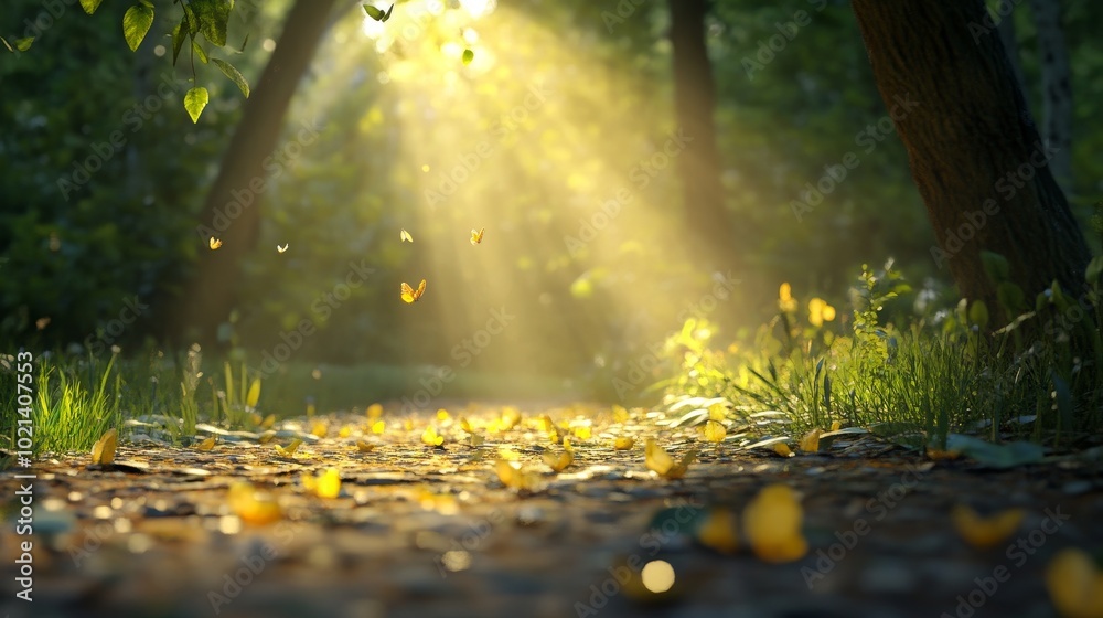 Wall mural A magical forest path illuminated by golden sunlight, with butterflies dancing in the air, symbolizing hope, wonder, nature, peace, and tranquility.