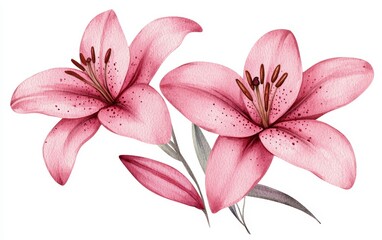 Fototapeta premium Vibrant watercolor lilies in shades of pink, detailed petals and stems, ideal for nature-inspired artwork, floral branding, or spring decor