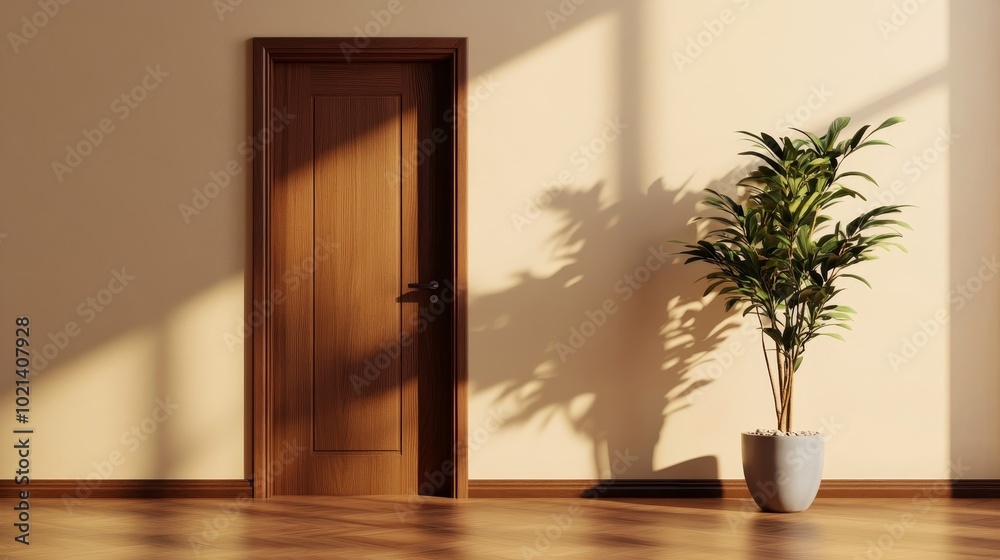 Sticker A minimalist beige room interior featuring a brown wooden door, a potted plant casting a long shadow, and soft natural light streaming through a window.