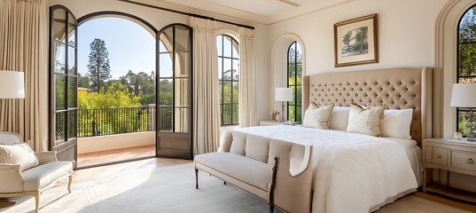Obraz premium A luxurious master bedroom with a plush bed, elegant furnishings, and a private balcony 