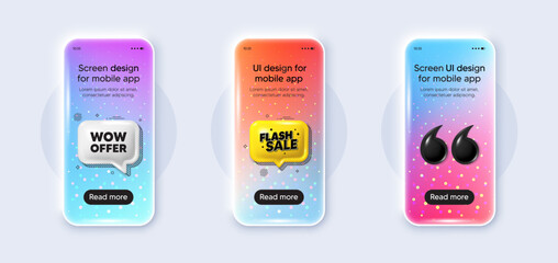 Phone 3d mockup gradient screen. Wow offer tag. Special Sale price sign. Advertising Discounts symbol. Wow offer phone mockup message. Flash sale chat speech bubble. Yellow text box app. Vector