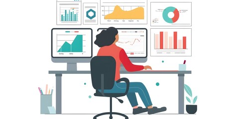 Woman Working on a Computer with Charts and Graphs on the Screen