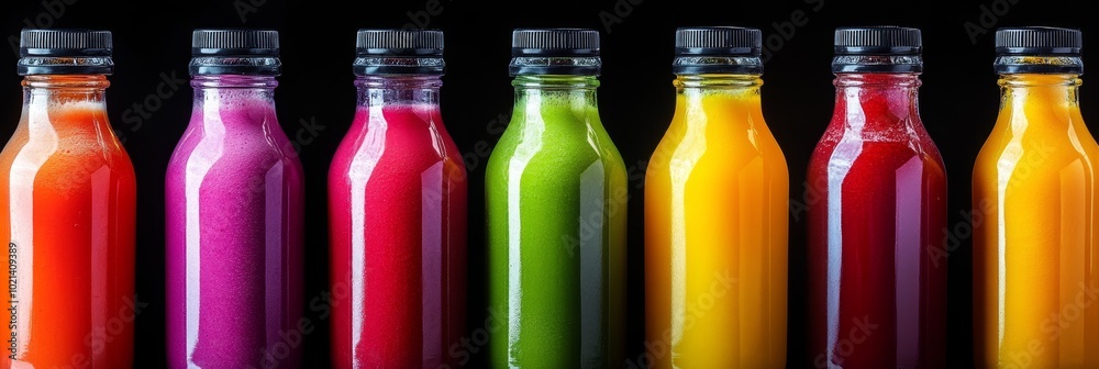 Poster A row of colorful smoothies in glass bottles with black lids on a black background. These delicious and healthy drinks are perfect for a refreshing snack or a quick meal.