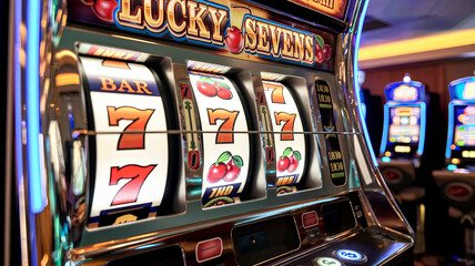 A close-up of a slot machine with three sevens and the words Lucky Sevens.