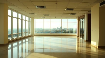 Empty Office Room With City View Through Large Windows