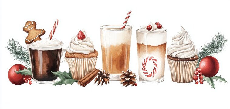 Watercolor illustration of festive holiday treats and drinks, featuring gingerbread, cupcakes, and latte art, ideal for winter cafe menus, Christmas promotions, or holiday decor