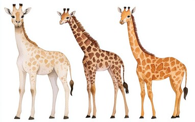 Obraz premium Watercolor painting of exotic animals, featuring giraffes, tiger, and llamas, ideal for natural history exhibits, wildlife illustrations, or jungle-themed decor