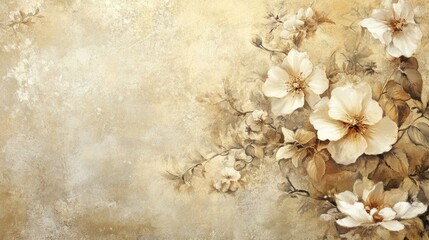 Artwork featuring floral designs on a monochromatic beige background creating a striking photo wallpaper for interior decor