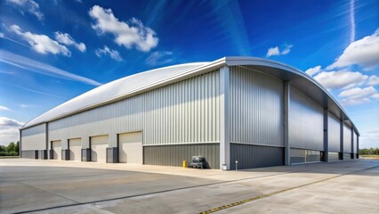 Modern Metal Industrial Building with Curved Roof and Multiple Loading Docks Under a Clear Blue Sky