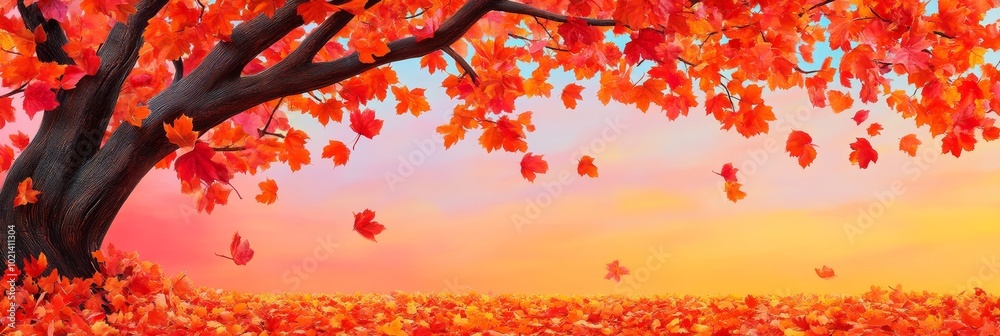 Canvas Prints A stunning autumn scene featuring a vibrant tree with colorful leaves, a picturesque sunset, and fallen leaves on the ground. This image represents the beauty of change, the warmth of autumn, and the 