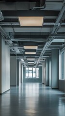 Naklejka premium Empty Office Corridor with Exposed Ceiling Pipes and Lights