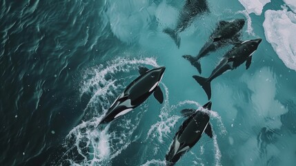 Fototapeta premium Aerial View of Orcas Swimming in Icy Arctic Waters: Wildlife and Nature Photography