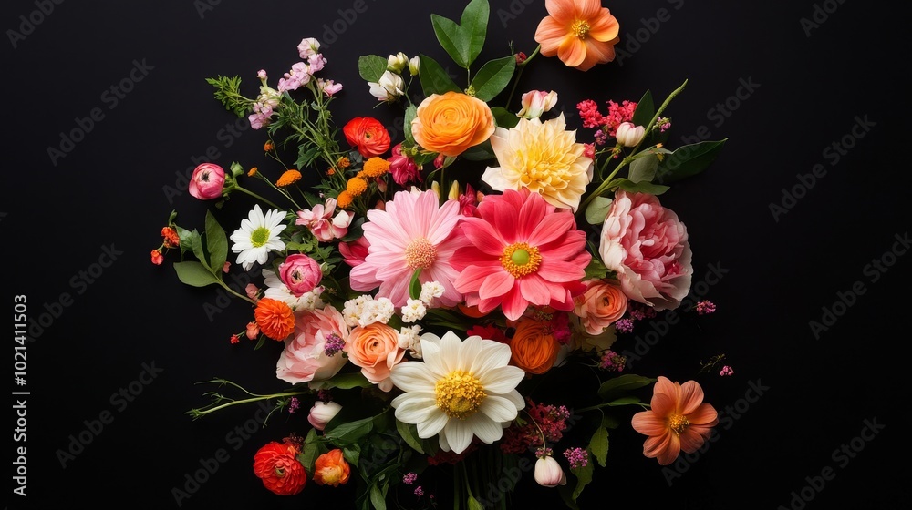 Wall mural A stunning summer bouquet of flowers, featuring a vibrant mix of pinks, oranges, and whites, against a simple black background. The flowers symbolize joy, love, beauty, and nature.