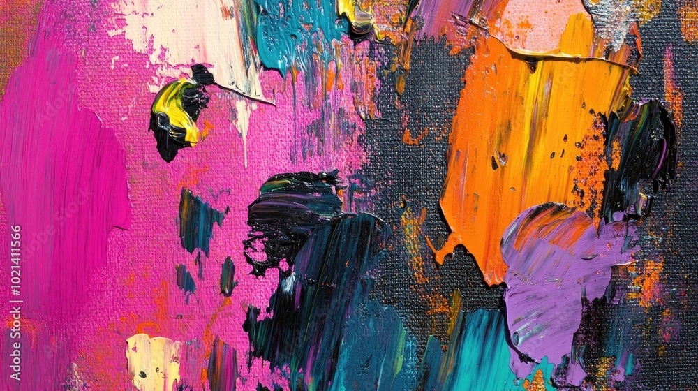 Poster abstract oil painting featuring vibrant paint blobs and strokes showcasing modern artistic expressio