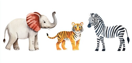 Obraz premium Watercolor wildlife set with diverse animals, including an elephant, tiger, and zebra, perfect for safari-themed designs, wildlife art, or educational posters